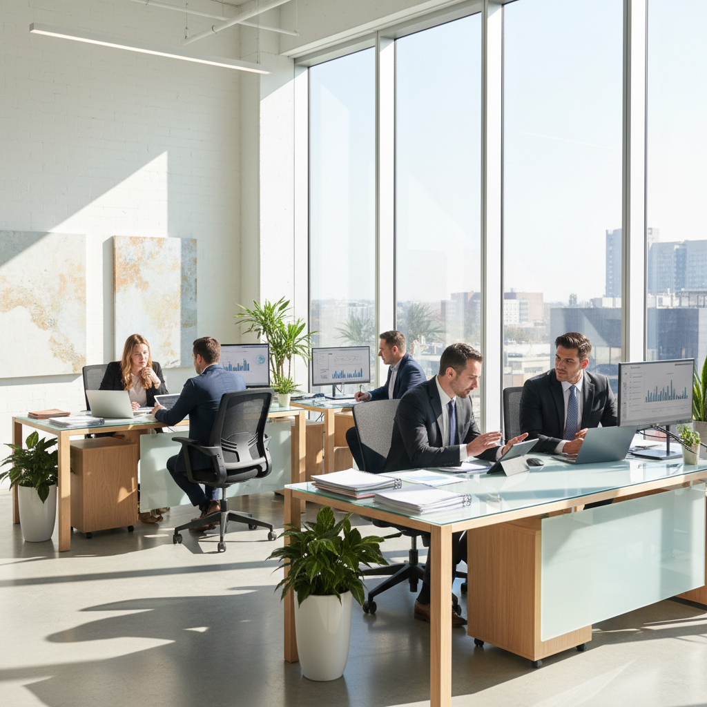 Professional financial advisor consulting with clients in modern office setting, representing Credixa Chartered Bank's personalized banking approach